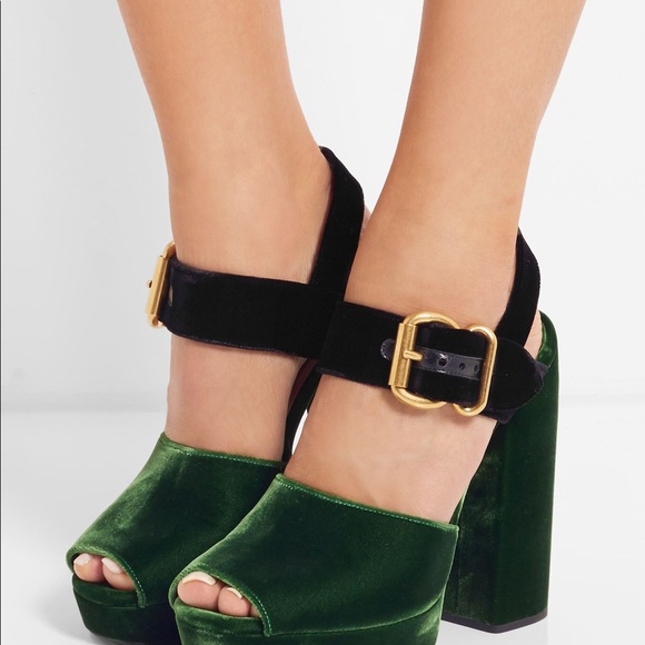 PRADA
Velvet Platform Sandals In Green/Black 391/2 - Picture 3 of 16